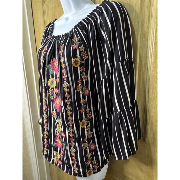 Savanna Jane Womens S Tunic Floral Embroidered Black White Striped Boho - Picture 4 of 7